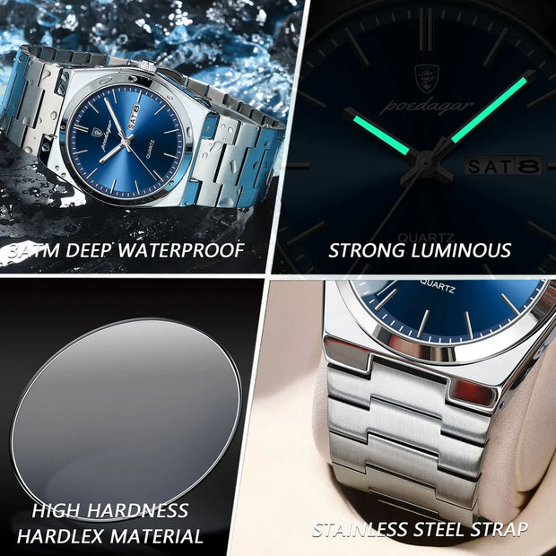 POEDAGAR Luxury Watches For Men Stainless Steel Waterproof Luminous Man Watch Date Week Fashion Casual Men's Quartz Watch Reloj