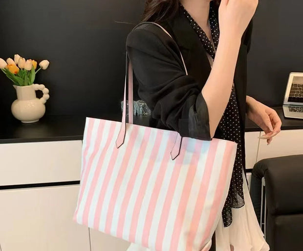 Pink Striped Tote Bag Women's Large Capacity Fashion Shoulder Bag Travel Portable Shopping Bag Casual Canvas Bag Handbag