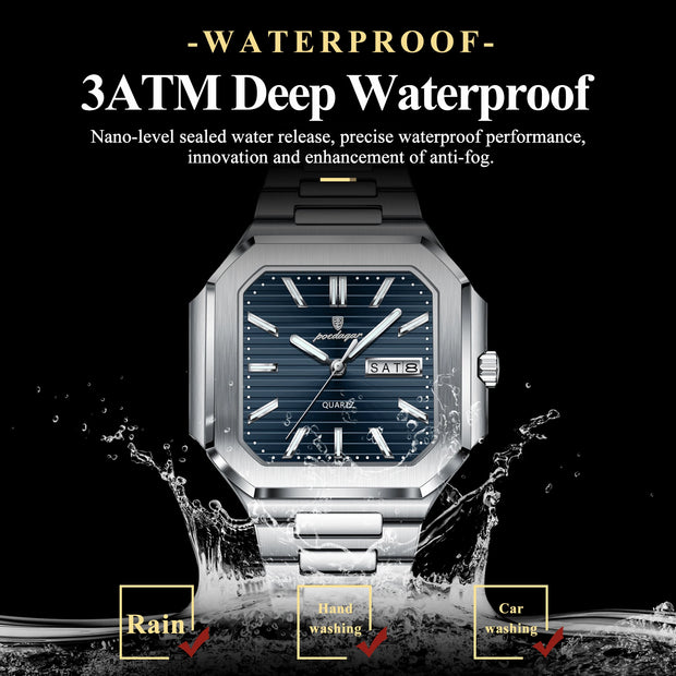 POEDAGAR Luxury Square Fashion Man Wristwatch Waterproof Luminous Date Week Quartz Men's Watches Stainless Steel Men Watch Reloj