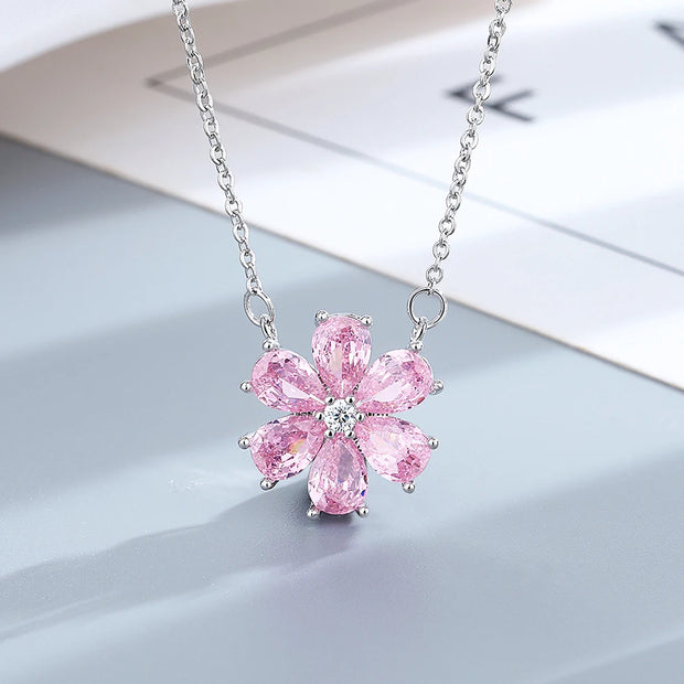 S925 Silver Wedding Ring Women Pink Flower Bracelets Earrings Necklace Rings Fashion Jewelry Sets