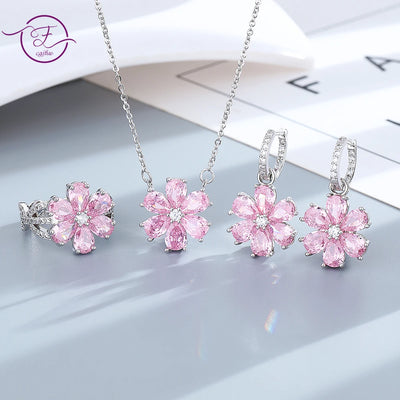 S925 Silver Wedding Ring Women Pink Flower Bracelets Earrings Necklace Rings Fashion Jewelry Sets