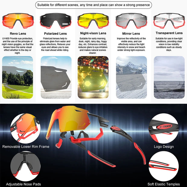 X-TIGER Cycling Glasses UV400 Photochromic Cycling Sunglasses Sports Polarized Men's Sunglasses MTB Racing Bike Glasses Eyewear