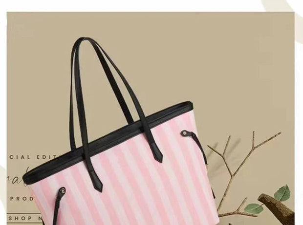 Pink Striped Tote Bag Women's Large Capacity Fashion Shoulder Bag Travel Portable Shopping Bag Casual Canvas Bag Handbag