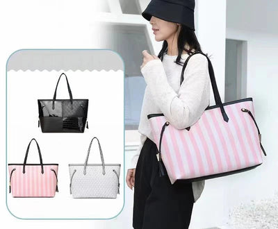 Pink Striped Tote Bag Women's Large Capacity Fashion Shoulder Bag Travel Portable Shopping Bag Casual Canvas Bag Handbag