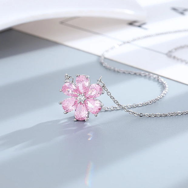 S925 Silver Wedding Ring Women Pink Flower Bracelets Earrings Necklace Rings Fashion Jewelry Sets