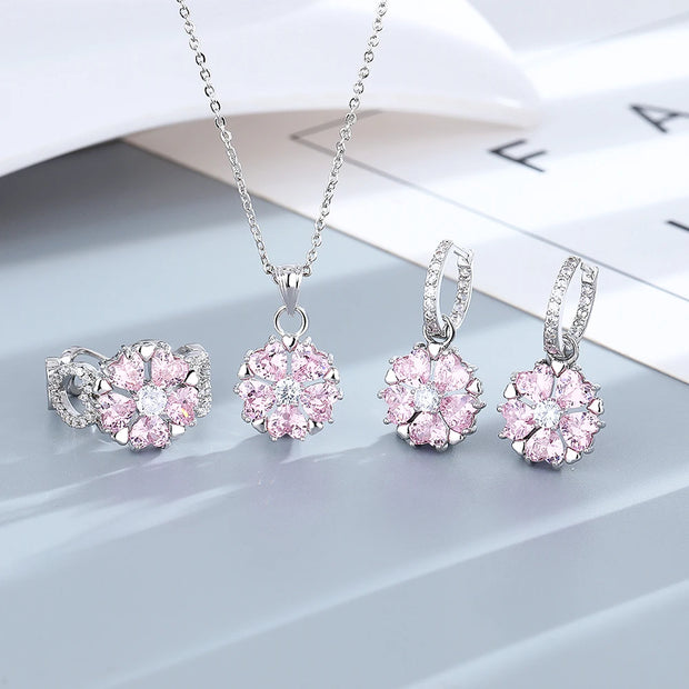 S925 Silver Wedding Ring Women Pink Flower Bracelets Earrings Necklace Rings Fashion Jewelry Sets