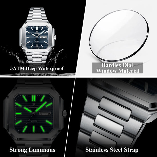 POEDAGAR Luxury Square Fashion Man Wristwatch Waterproof Luminous Date Week Quartz Men's Watches Stainless Steel Men Watch Reloj