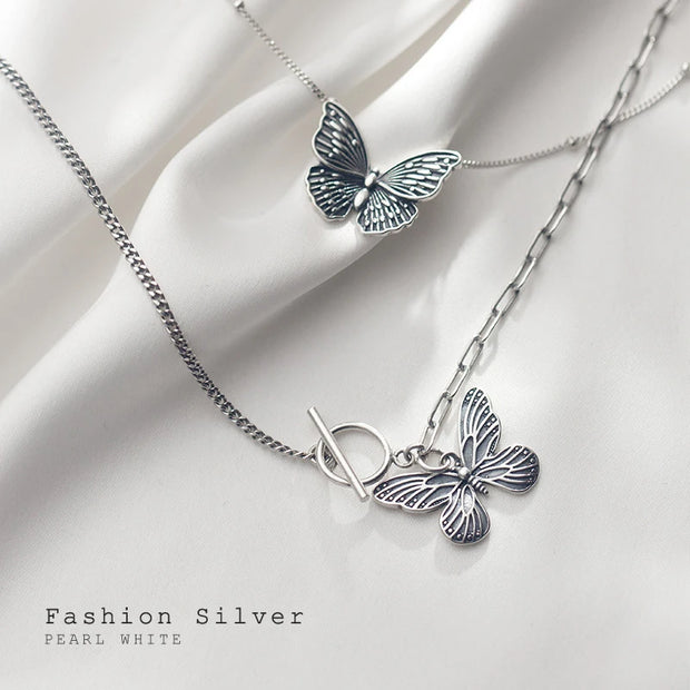 Real 925 Sterling Silver Retro Flying Butterfly Pendant Necklace for Women 2 Style Pendant Fine Jewelry 2020 Design