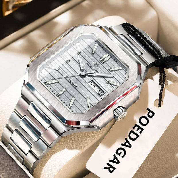 POEDAGAR Luxury Square Fashion Man Wristwatch Waterproof Luminous Date Week Quartz Men's Watches Stainless Steel Men Watch Reloj