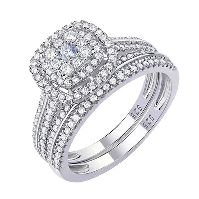 Newshe 2Pcs Wedding Rings for Women Solid 925 Sterling Silver Engagement Ring Bridal Set 1.6Ct Halo Round Cut AAAAA Zircon