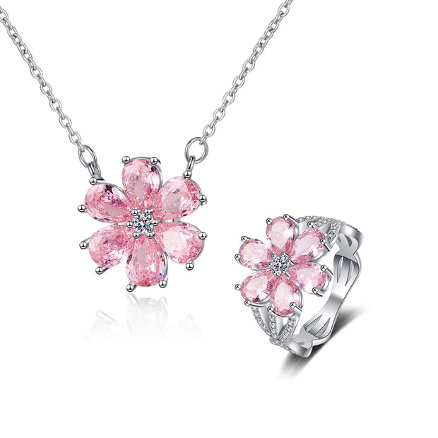 S925 Silver Wedding Ring Women Pink Flower Bracelets Earrings Necklace Rings Fashion Jewelry Sets