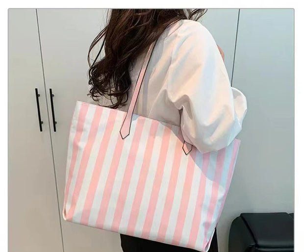 Pink Striped Tote Bag Women's Large Capacity Fashion Shoulder Bag Travel Portable Shopping Bag Casual Canvas Bag Handbag