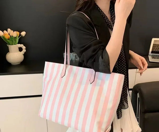 Pink Striped Tote Bag Women's Large Capacity Fashion Shoulder Bag Travel Portable Shopping Bag Casual Canvas Bag Handbag
