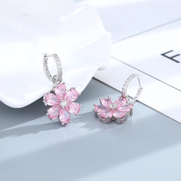 S925 Silver Wedding Ring Women Pink Flower Bracelets Earrings Necklace Rings Fashion Jewelry Sets