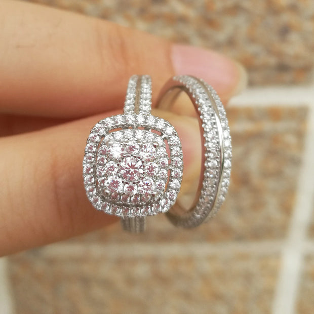 Newshe 2Pcs Wedding Rings for Women Solid 925 Sterling Silver Engagement Ring Bridal Set 1.6Ct Halo Round Cut AAAAA Zircon