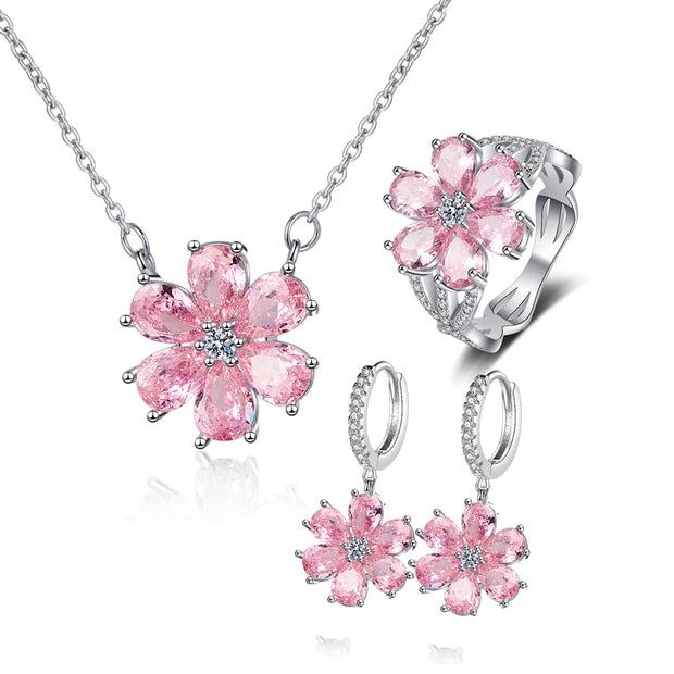 S925 Silver Wedding Ring Women Pink Flower Bracelets Earrings Necklace Rings Fashion Jewelry Sets
