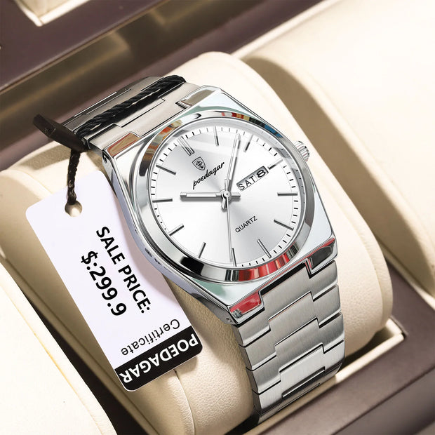 POEDAGAR Luxury Watches For Men Stainless Steel Waterproof Luminous Man Watch Date Week Fashion Casual Men's Quartz Watch Reloj