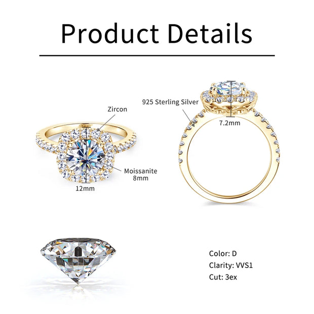 2CT D Color Moissanite Ring s925 Sterling Silver Brilliant Diamond Halo Engagement Rings for Women Fine Jewelry Gifts
