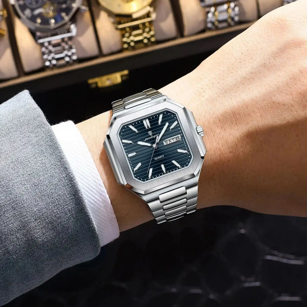 POEDAGAR Luxury Square Fashion Man Wristwatch Waterproof Luminous Date Week Quartz Men's Watches Stainless Steel Men Watch Reloj